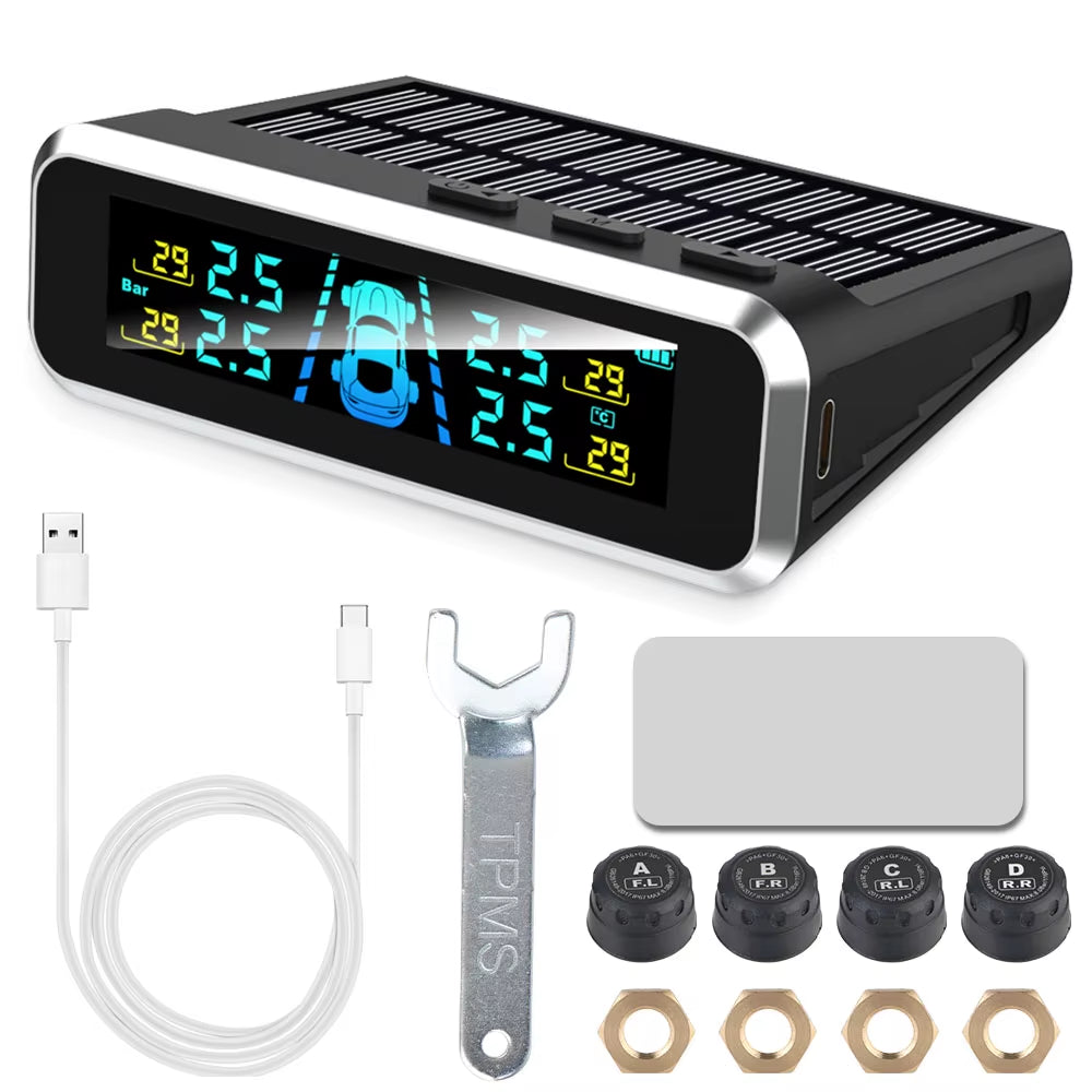 External Battery Solar Tire Pressure Monitoring System with Temperature Warning Sensors