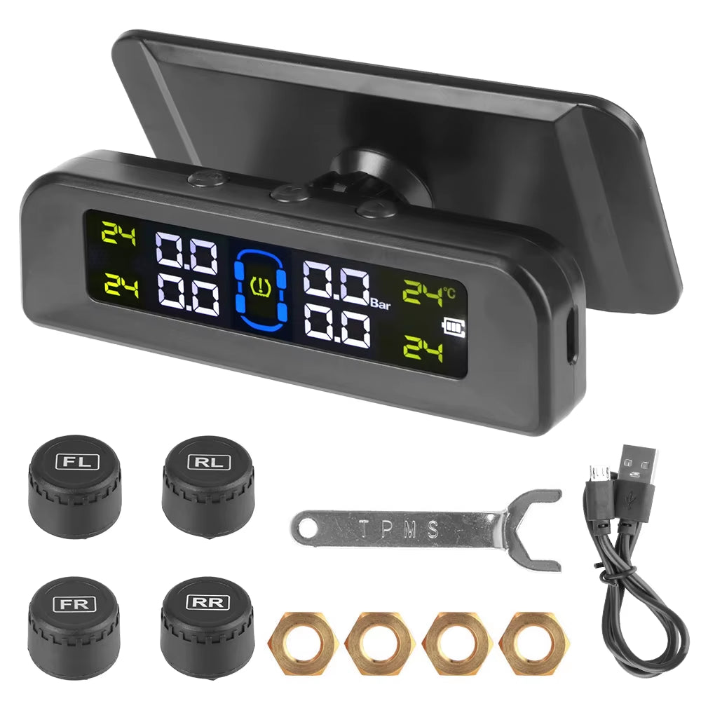 External Battery Solar Tire Pressure Monitoring System with Temperature Warning Sensors