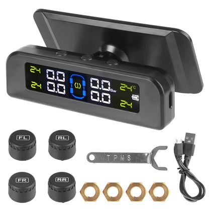 External Battery Solar Tire Pressure Monitoring System with Temperature Warning Sensors