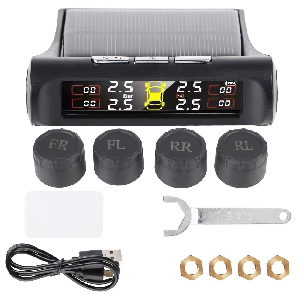 External Battery Solar Tire Pressure Monitoring System with Temperature Warning Sensors