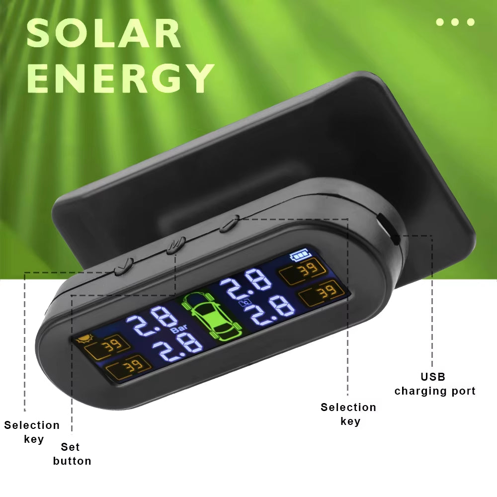 External Battery Solar Tire Pressure Monitoring System with Temperature Warning Sensors