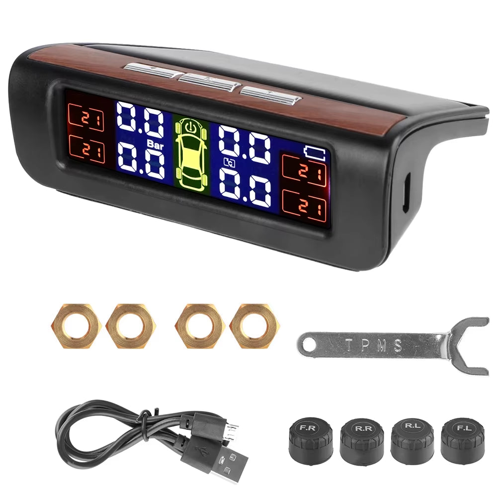 External Battery Solar Tire Pressure Monitoring System with Temperature Warning Sensors