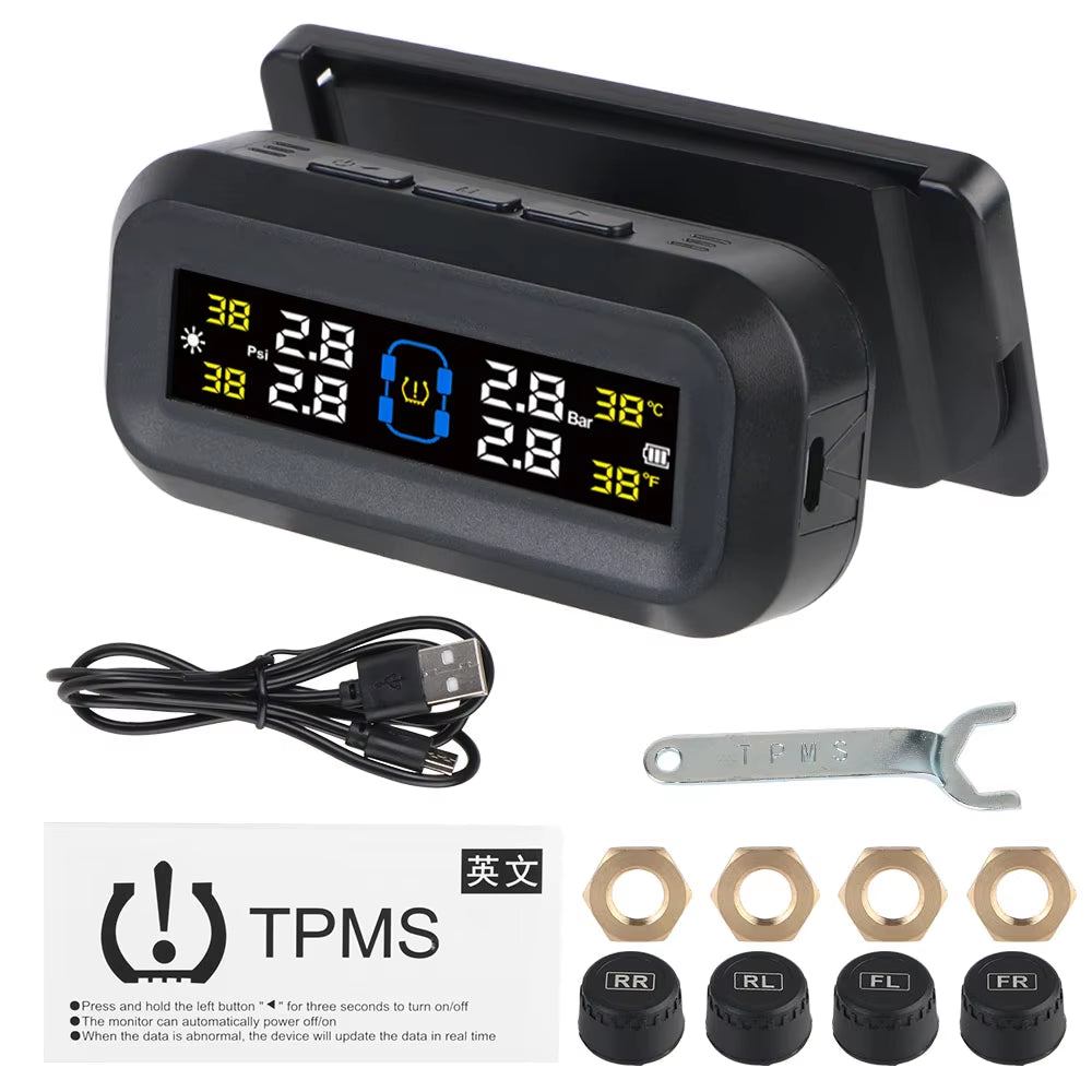 External Battery Solar Tire Pressure Monitoring System with Temperature Warning Sensors