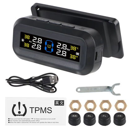 External Battery Solar Tire Pressure Monitoring System with Temperature Warning Sensors