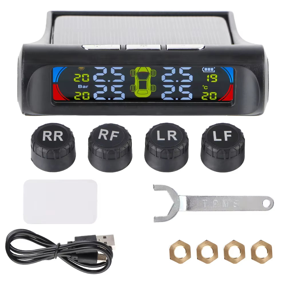 External Battery Solar Tire Pressure Monitoring System with Temperature Warning Sensors