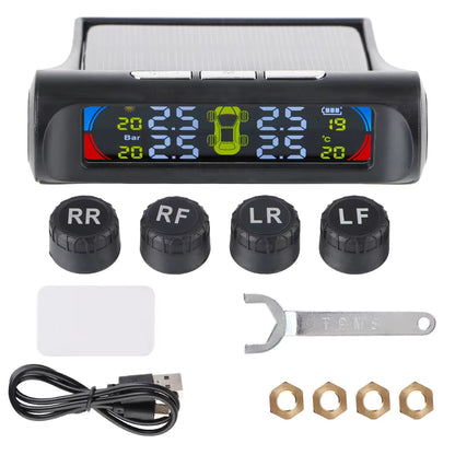 External Battery Solar Tire Pressure Monitoring System with Temperature Warning Sensors