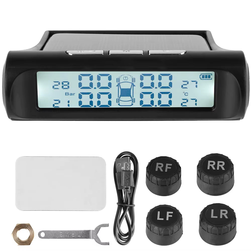 External Battery Solar Tire Pressure Monitoring System with Temperature Warning Sensors