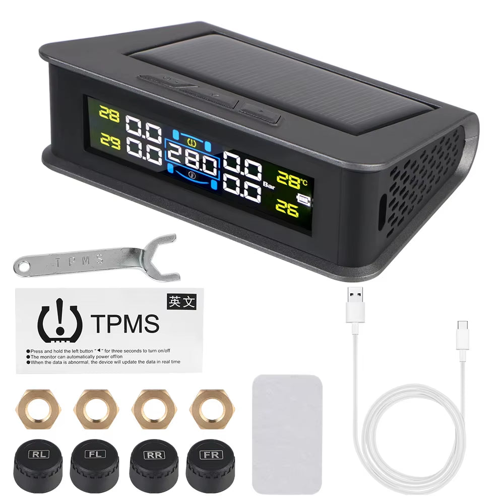 External Battery Solar Tire Pressure Monitoring System with Temperature Warning Sensors