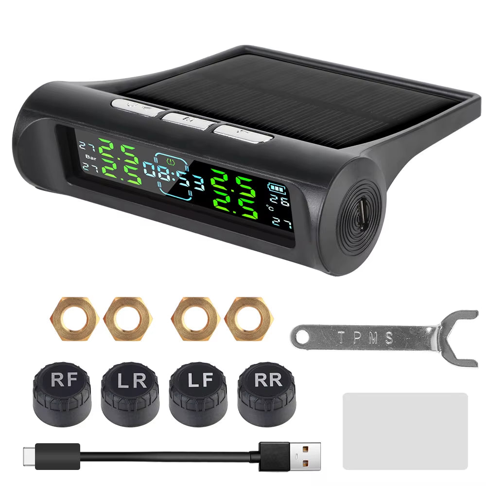 External Battery Solar Tire Pressure Monitoring System with Temperature Warning Sensors