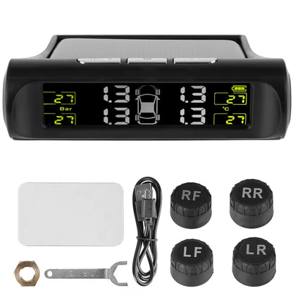 External Battery Solar Tire Pressure Monitoring System with Temperature Warning Sensors