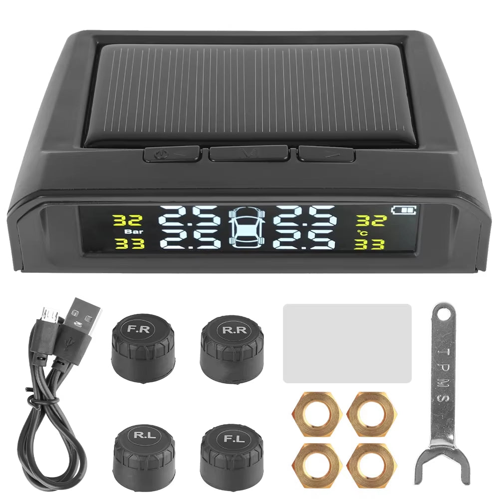 External Battery Solar Tire Pressure Monitoring System with Temperature Warning Sensors