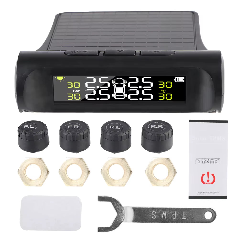 External Battery Solar Tire Pressure Monitoring System with Temperature Warning Sensors