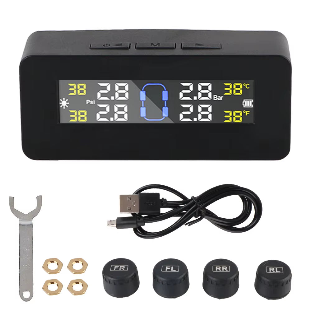 External Battery Solar Tire Pressure Monitoring System with Temperature Warning Sensors