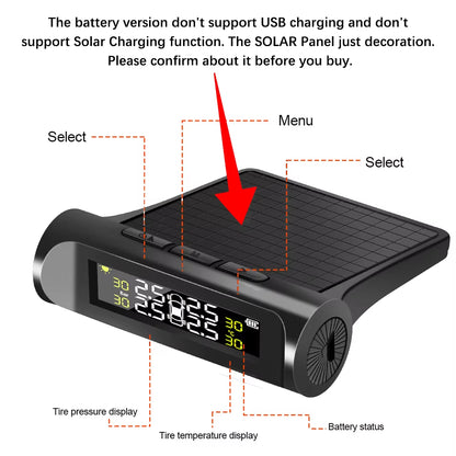 External Battery Solar Tire Pressure Monitoring System with Temperature Warning Sensors